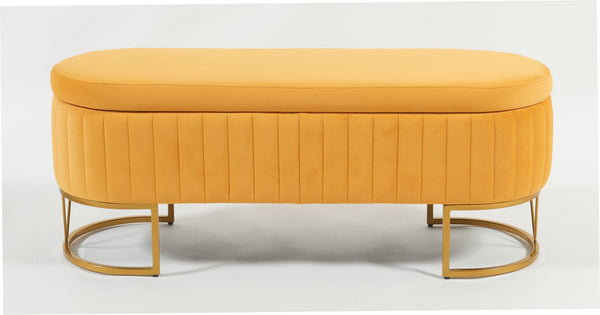 English Elm Oval Velvet Storage Bench with Metal Legs — Luxurious Upholstered Ottoman with Lift-Top Storage, 300lb Capacity, Modern Decorative Seating Mustard T3903P372930