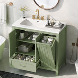 English Elm 36" Bathroom Vanity With Sink, One Cabinet With Two Doors and One Big Drawer and One Flip Drawer, Solid Wood and Mdf Board, Green