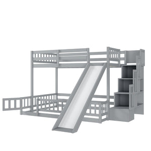 English Elm Twin Over Full Bunk Bed Solid Pine Frame with Built-in Slide and Storage Staircase Grey W504S00289