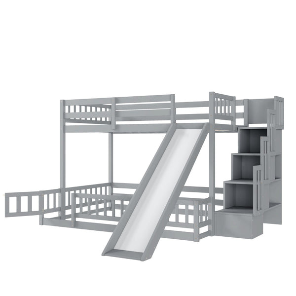 English Elm Twin Over Full Bunk Bed Solid Pine Frame with Built-in Slide and Storage Staircase Grey W504S00289