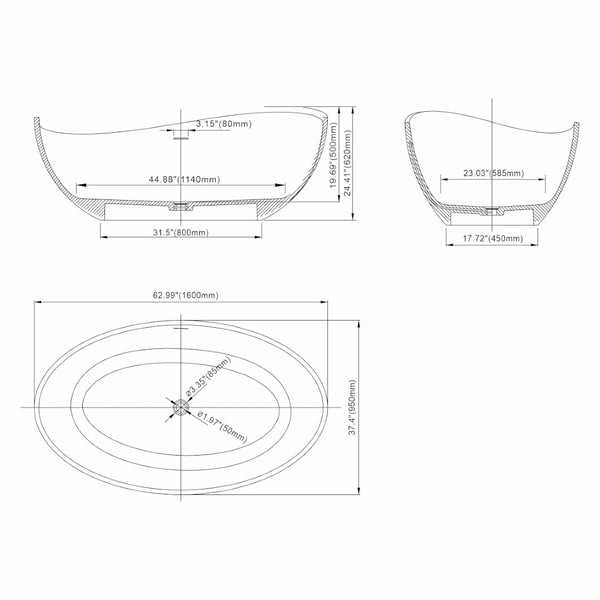 English Elm 63 Inch Stone Resin Freestanding Soaking Tub Matte White Spa Bath for Modern Homes W1613P160641