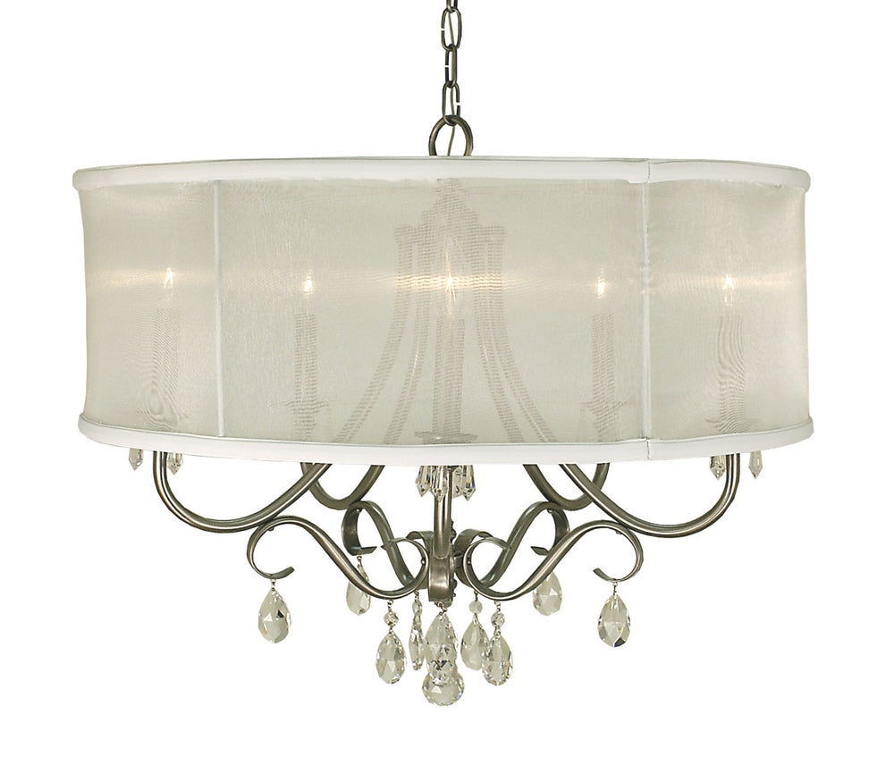 Framburg 5-light Elegant Liebestraum Dining Chandelier With Organza Shades And Crystal Accents, Handmade Usa Brushed Nickel With Sheer White Shade Metal 1236 Bn/Swh