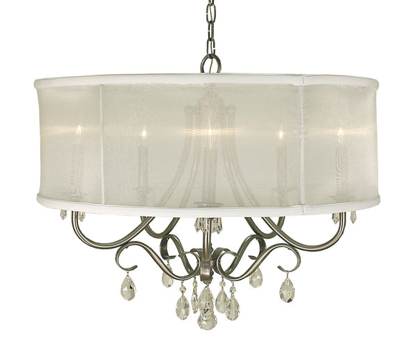 Framburg 5-light Elegant Liebestraum Dining Chandelier With Organza Shades And Crystal Accents, Handmade Usa Brushed Nickel With Sheer White Shade Metal 1236 Bn/Swh