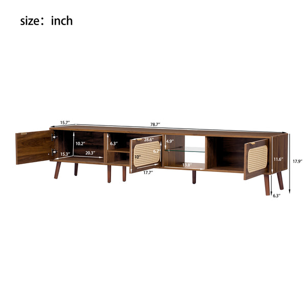 English Elm 78" Rattan TV Stand for 75-85" TVs with Glass Shelves, Solid Wood Legs, Soft-Close Doors, Walnut Finish N710P298238P