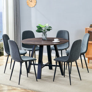 English Elm Table 7-Piece Modern Minimalist Dining Set: 42" Round Walnut Table & 6 Dark Gray Linen Chairs W1151S03754-GIGA
