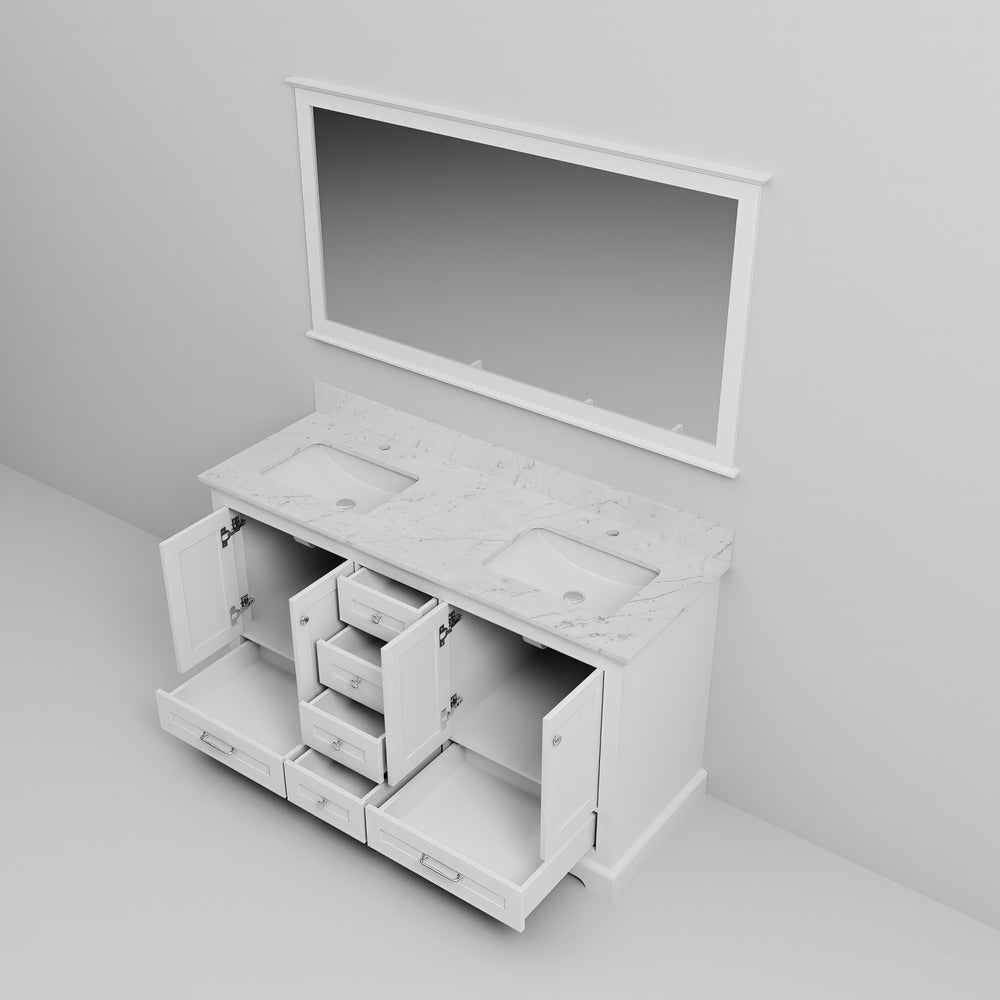 English Elm White Double Bath Vanity 60 in with Carrara Marble Top, 6 Drawers, Soft Close, 58 in Mirror Included B2731S00655