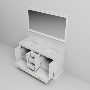 English Elm White Double Bath Vanity 60 in with Carrara Marble Top, 6 Drawers, Soft Close, 58 in Mirror Included B2731S00655