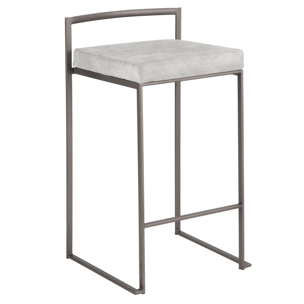 English Elm Fuji 26" Stackable Counter Stools Set Of 3 - Industrial Antique Metal With Soft Grey Fabric Cushions B202P221936