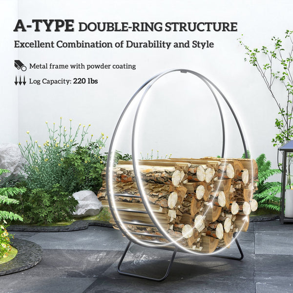 English Elm Outsunny 40" Firewood Rack with Waterproof Zipper Cover, Heavy-Duty 220lb Log Hoop for Indoor/Outdoor W2225P229255