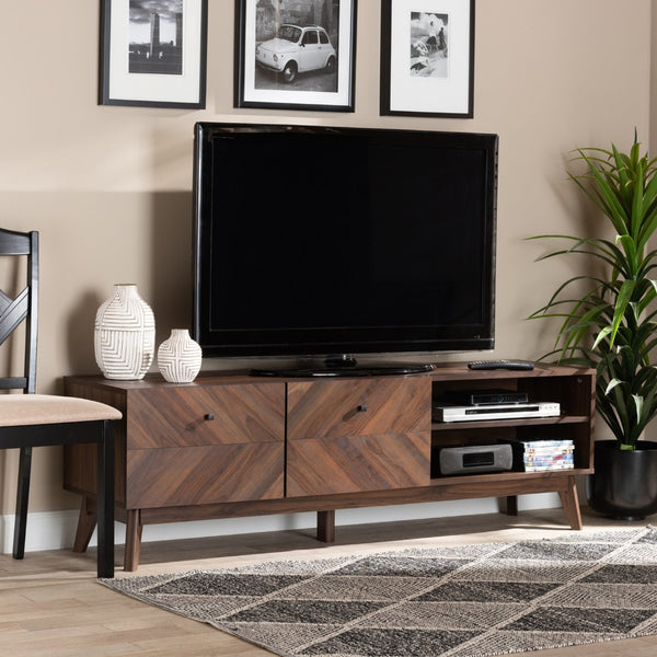 Baxton Studio Baxton Studio Hartman Mid-Century Modern Walnut Brown TV Stand with Open Shelves & Enclosed Storage LV23TV2312WI-Columbia-TV