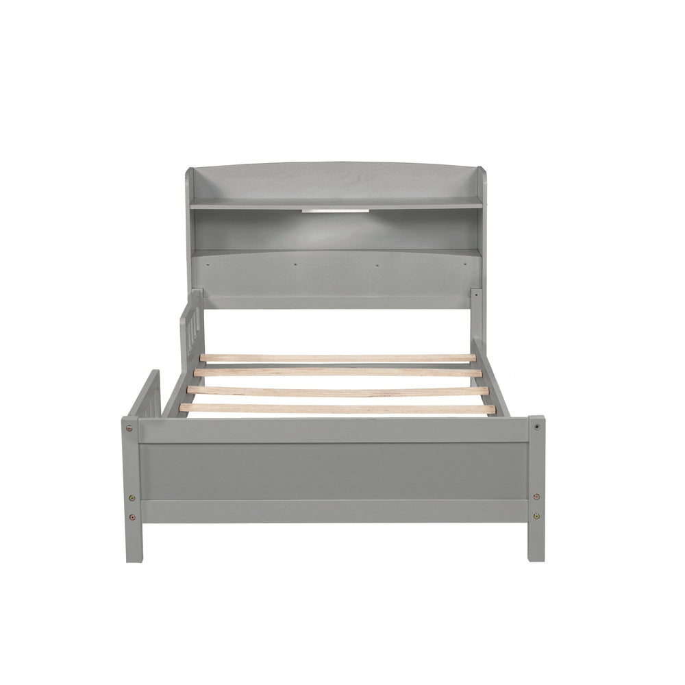 English Elm Twin Pine Wood Bed with Bookcase Headboard LED Motion Sensor Light Guardrails Ample Storage Space Grey W504P277595