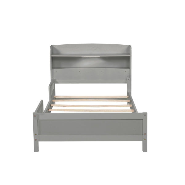 English Elm Twin Pine Wood Bed with Bookcase Headboard LED Motion Sensor Light Guardrails Ample Storage Space Grey W504P277595
