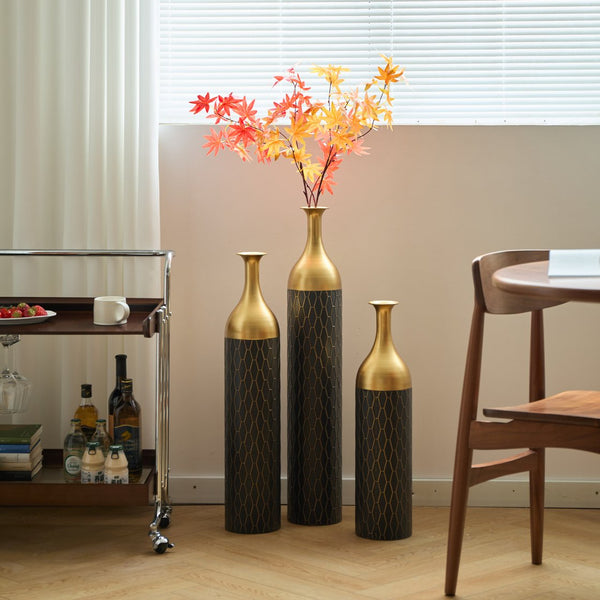 English Elm Black Black and Gold Metal Vase Set of 3 Tall Cylinder Floor Vases – Glam Textured Wedding & Home Décor W2796P278078