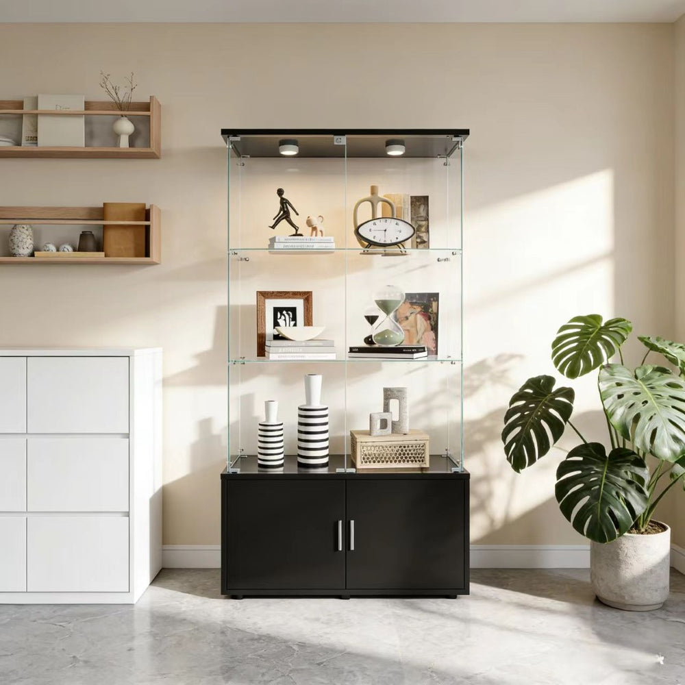 English Elm Double-door Glass Display Cabinet with Led Lighting Four Shelf Living Room Storage Black W3155S00023