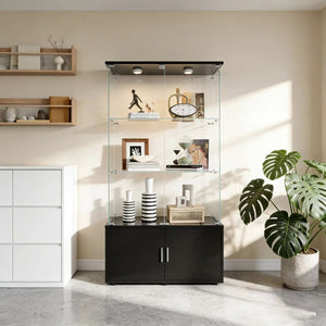 English Elm Double-door Glass Display Cabinet with Led Lighting Four Shelf Living Room Storage Black W3155S00023