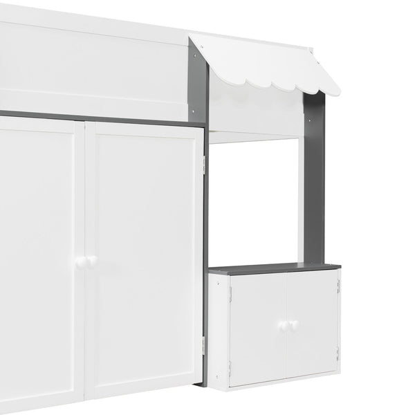 English Elm Twin House Loft Bed with Pull Out Rolling Desk Stair Drawers and Cabinet Storage White+Gray N820S00074E