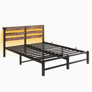 English Elm Queen Metal Bed Frame with Wooden Headboard, Built-In USB Charging, RGB App Lights, Storage Shelf, 10.6" Clearance, Noise-Free, Rustic Finish Beige+Brown W840P209904