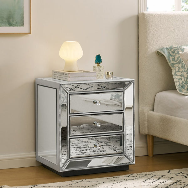 English Elm Three Drawer Mirrored Cabinet with Pearl Lacquer Finish and Crystal Pulls for Glam Decor W1005P416743