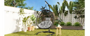 English Elm U_style Wicker Hanging Egg Chair with Stand Hdpe Cocoon Swing for Balcony Garden Black+ Gray N711P389503E