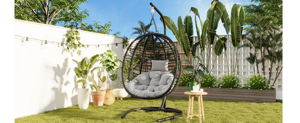 English Elm U_style Wicker Hanging Egg Chair with Stand Hdpe Cocoon Swing for Balcony Garden Black+ Gray N711P389503E