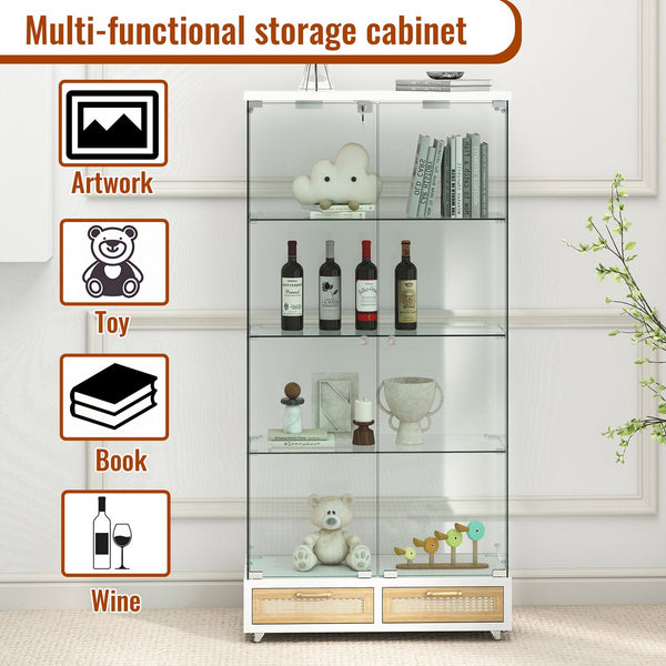 English Elm Modern Glass Display Cabinet With Led Lighting, Lockable Drawers, And Adjustable Shelves For Home Décor W241S00059