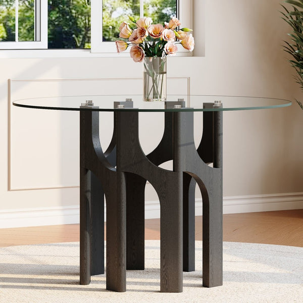 English Elm Round Tempered Glass Dining Table Sculptural Geometric Mdf Base Seats Four Compact Black W3875P387177
