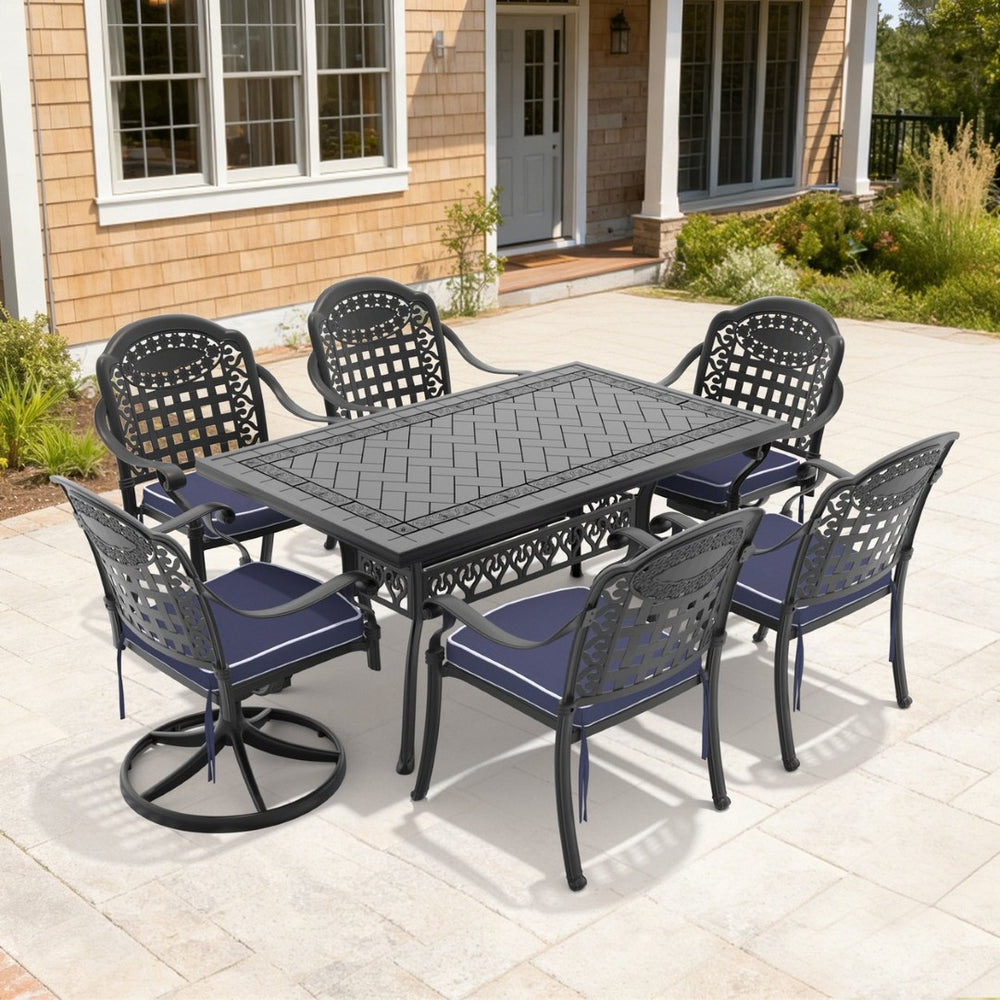 English Elm 7-piece Cast Aluminum Outdoor Dining Set with Carved Detail and Swivel Chairs W1710S00378