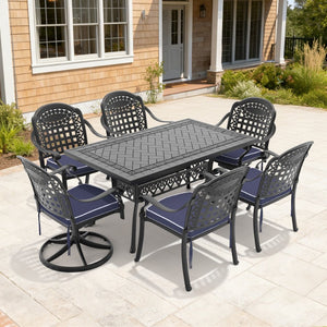 English Elm 7-piece Cast Aluminum Outdoor Dining Set with Carved Detail and Swivel Chairs W1710S00378