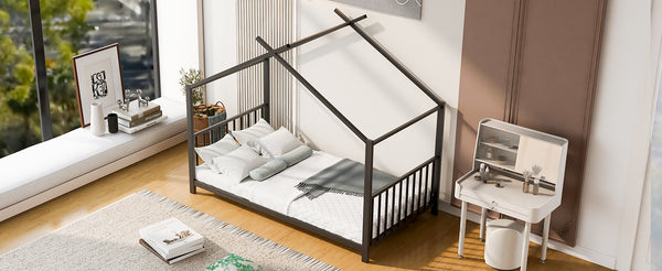 English Elm Twin Metal House Platform Bed with Slat Kit for Kids Sleepovers Sturdy Frame Elegant Silhouette 63.8"H Black MF322835AAB