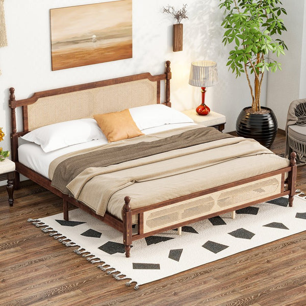 English Elm King Pine Rattan Bed Walnut — Classic Pine Wood King Bed with Rattan Headboard & Footboard, 500lb Capacity W504P269835