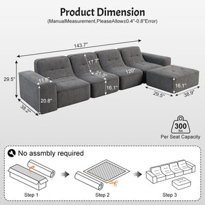 English Elm 143.7" Modern Modular Sectional Sofa Set with Removable Ottoman, Tufted Sparkling Chenille, Deep Seat Comfort Grey W3219S00003