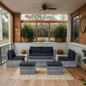 English Elm 6 Piece Patio Wicker Sectional Set with Space-Saving Nesting Design, Steel Frame, Tempered Glass Table and Weatherproof Cushions Grey+Black W329S00054