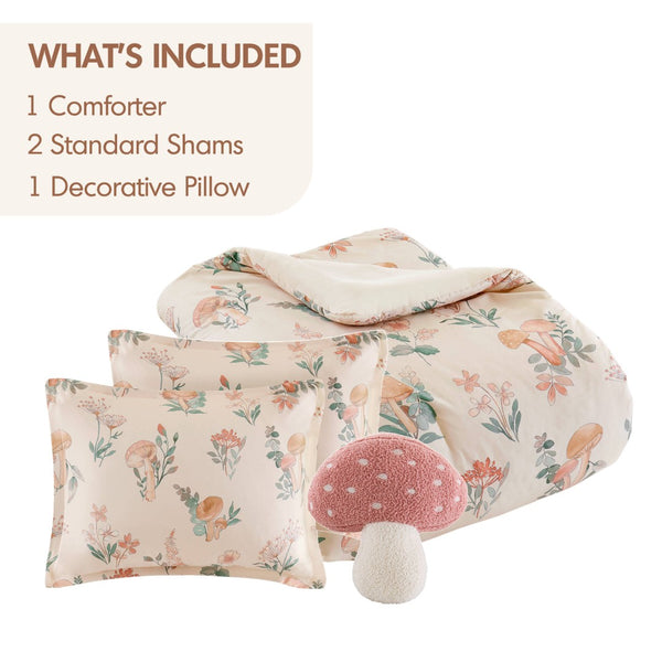 English Elm 4-piece Whimsical Mushroom Floral Microfiber Comforter Set with Shaped Accent Pillow Blush Multi B035P482877