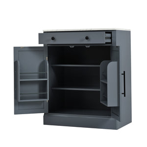 English Elm [Assembly Modern Freestanding Kitchen Pantry with Faux Marble Top, Set of 2 Cabinets with Drawer, Adjustable Shelves, Sleek Durable Design for Dining Room and Coffee Bar Gray SP000074AAE