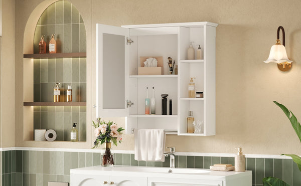 English Elm 3-in-1 Matte Medicine Cabinet Wall Mounted Mirror with Towel Bar and Storage Shelf White N710P401340K