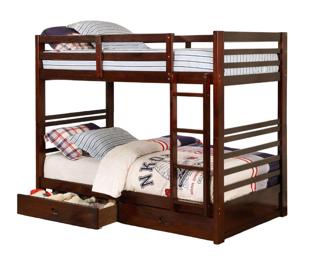 English Elm Twin Over Twin Bunk Bed With Built-In Storage, Attached Ladder & Dark Walnut Finish For Kids' Rooms B2741S00338-GIGA