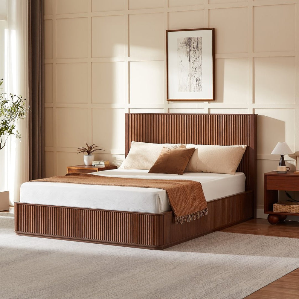 English Elm Natural Fluted Wood Platform Bed Minimalist Queen Frame with Tall Curved Headboard Walnut W5219S00001