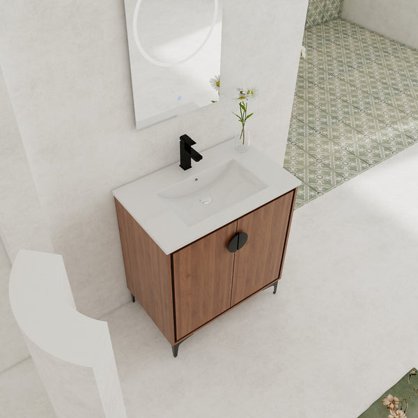 English Elm 30 LEVISTAR Bathroom Vanity with Drop-In Ceramic Sink, 2-Door Engineered Wood Cabinet, Brown, 30" W1972S00002