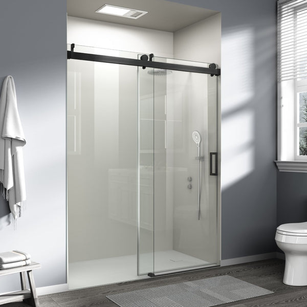 English Elm 56" Frameless Sliding Shower Door Tempered Glass Matte Black Soft Close Modern Bath W1573104180