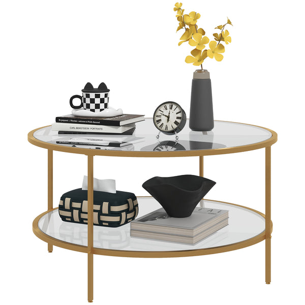 English Elm Homcom Elegant Gold Round Side Table With Two-Tier Tempered Glass Shelves For Stylish Living Rooms W2225P217455