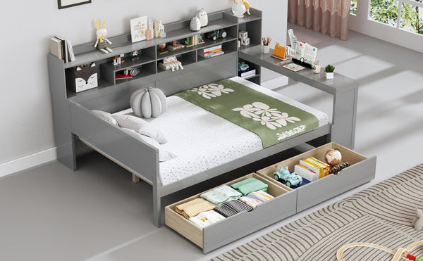 English Elm Wooden Full Size Daybed with Built-In Desk, Side Shelves and Dual Drawers for Organized Living Gray 70 L x 18.6 W x 5.5 H N733S241486E