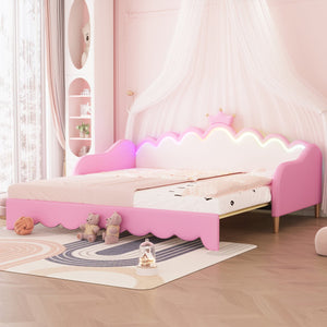 English Elm Twin Extending Daybed with LED Crown Headboard, Upholstered Princess Design for Cozy Kids Room Pink 45 L x 23 W x 7.2 H HL000104AAH