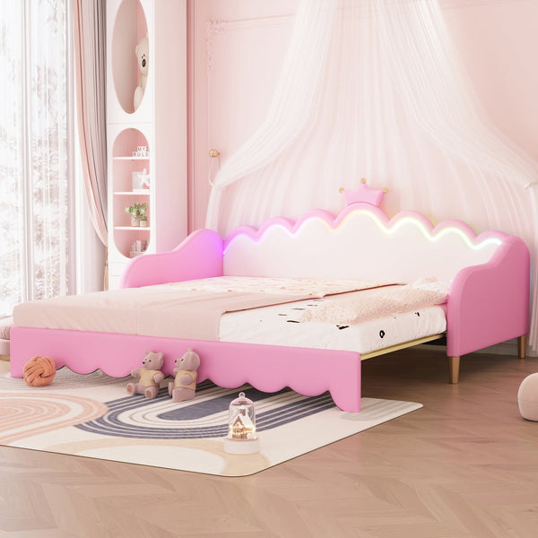 English Elm Twin Extending Daybed with LED Crown Headboard, Upholstered Princess Design for Cozy Kids Room Pink 45 L x 23 W x 7.2 H HL000104AAH