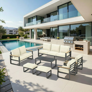 English Elm All-weather 9 Seat Aluminum Patio Conversation Set with Tempered Glass Table Beige+Grey B082S00114