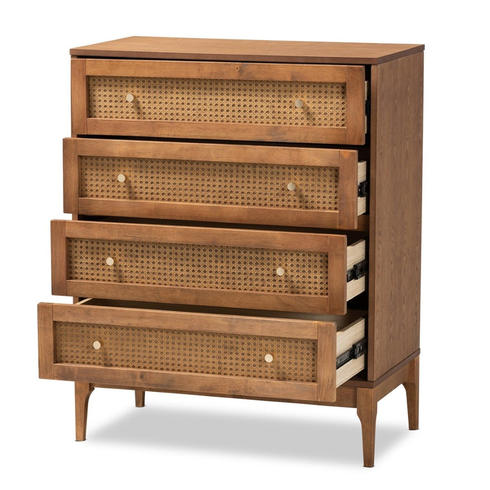 Baxton Studio Baxton Studio 4-Drawer Chest - Mid-Century Modern Ash Walnut & Rattan Storage for Stylish Spaces MG9005-Ash Walnut/Rattan-4DW-Chest