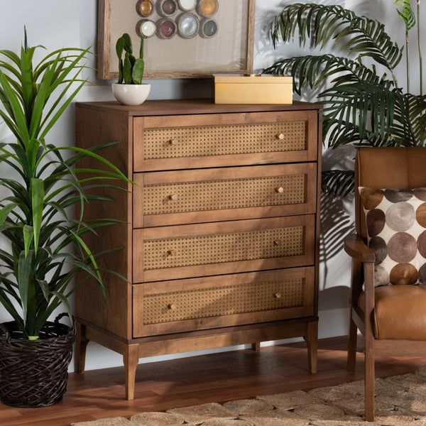 Baxton Studio Baxton Studio 4-Drawer Chest - Mid-Century Modern Ash Walnut & Rattan Storage for Stylish Spaces MG9005-Ash Walnut/Rattan-4DW-Chest