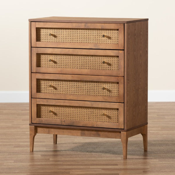 Baxton Studio Baxton Studio 4-Drawer Chest - Mid-Century Modern Ash Walnut & Rattan Storage for Stylish Spaces MG9005-Ash Walnut/Rattan-4DW-Chest