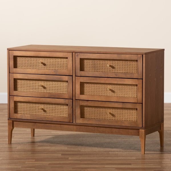 Baxton Studio Baxton Studio Mid-Century Modern 6-Drawer Dresser in Ash Walnut with Stylish Rattan Accents MG9005-Ash Walnut/Rattan-6DW-Dresser