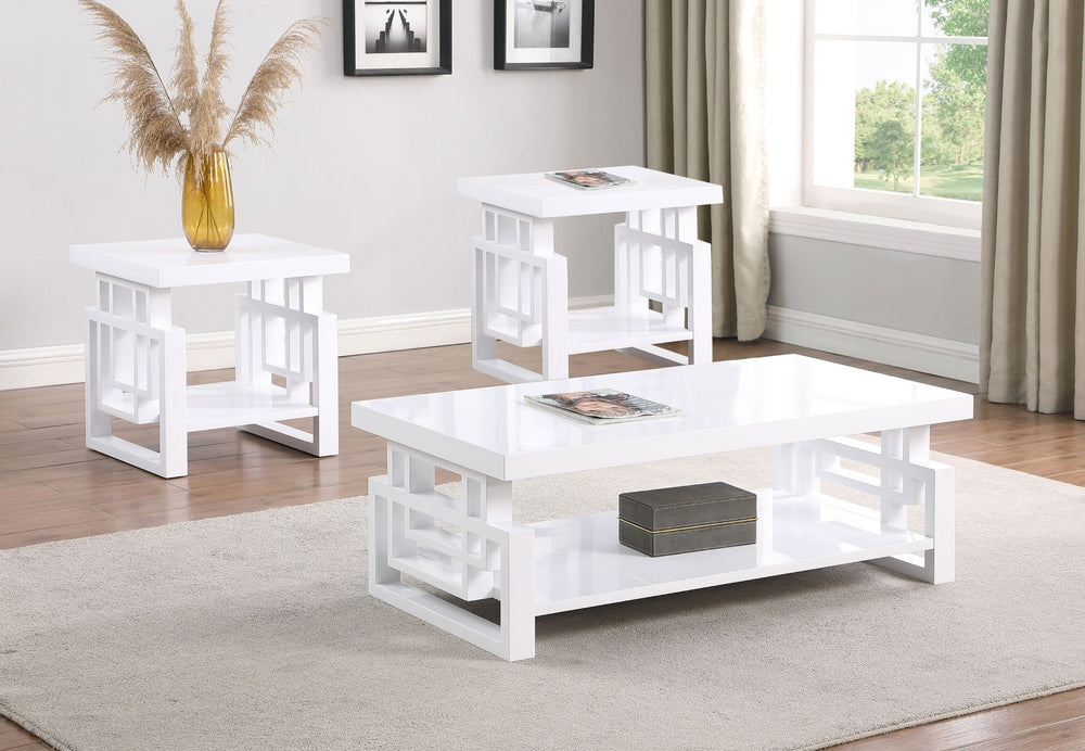 English Elm Fletcher Gloss White Lacquer Coffee and End Table Set for Modern Living Rooms B062S01661