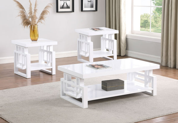 English Elm Fletcher Gloss White Lacquer Coffee and End Table Set for Modern Living Rooms B062S01661